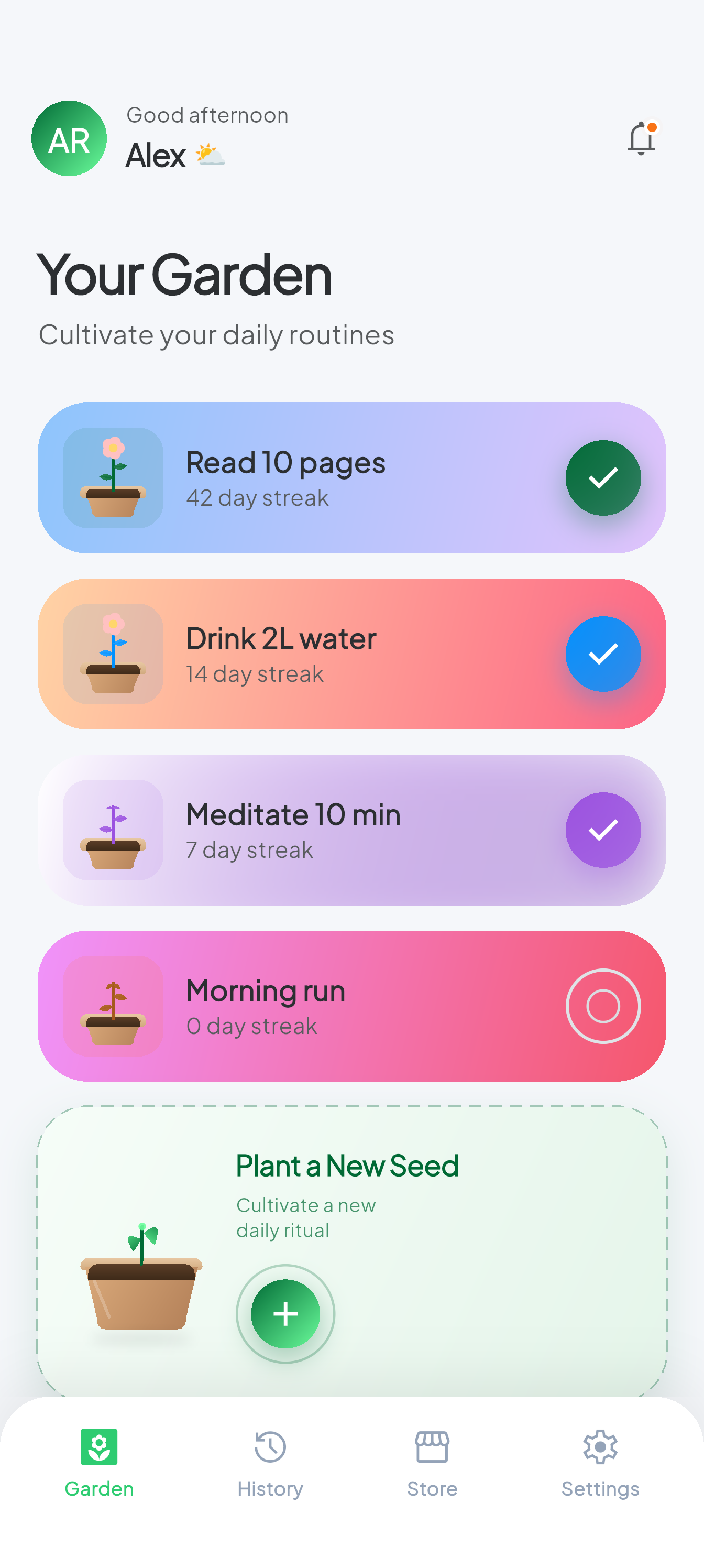 Oasis garden screen with daily habits and growing plants